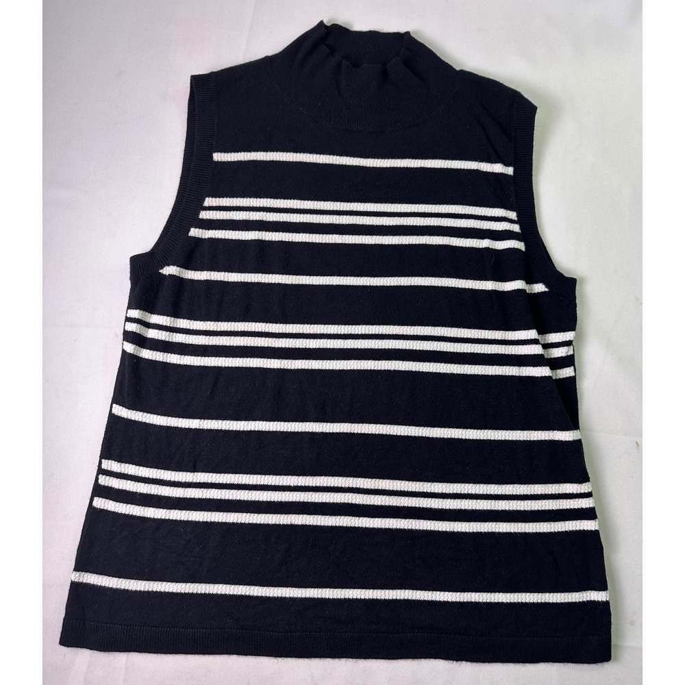 Susina Striped Sleeveless Mock Neck Sweater Vest Black White Knit Preppy XL‎